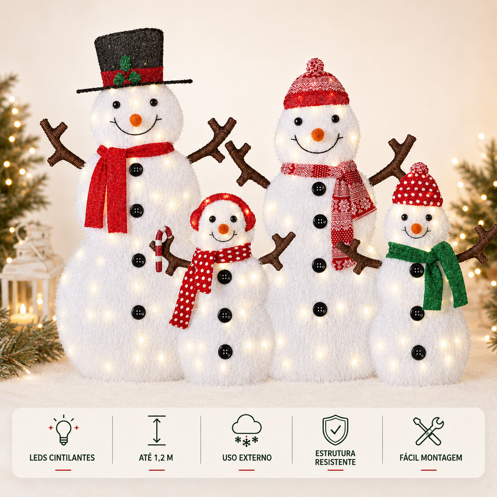 Família de Bonecos de Neve Iluminada – Encanto de Natal