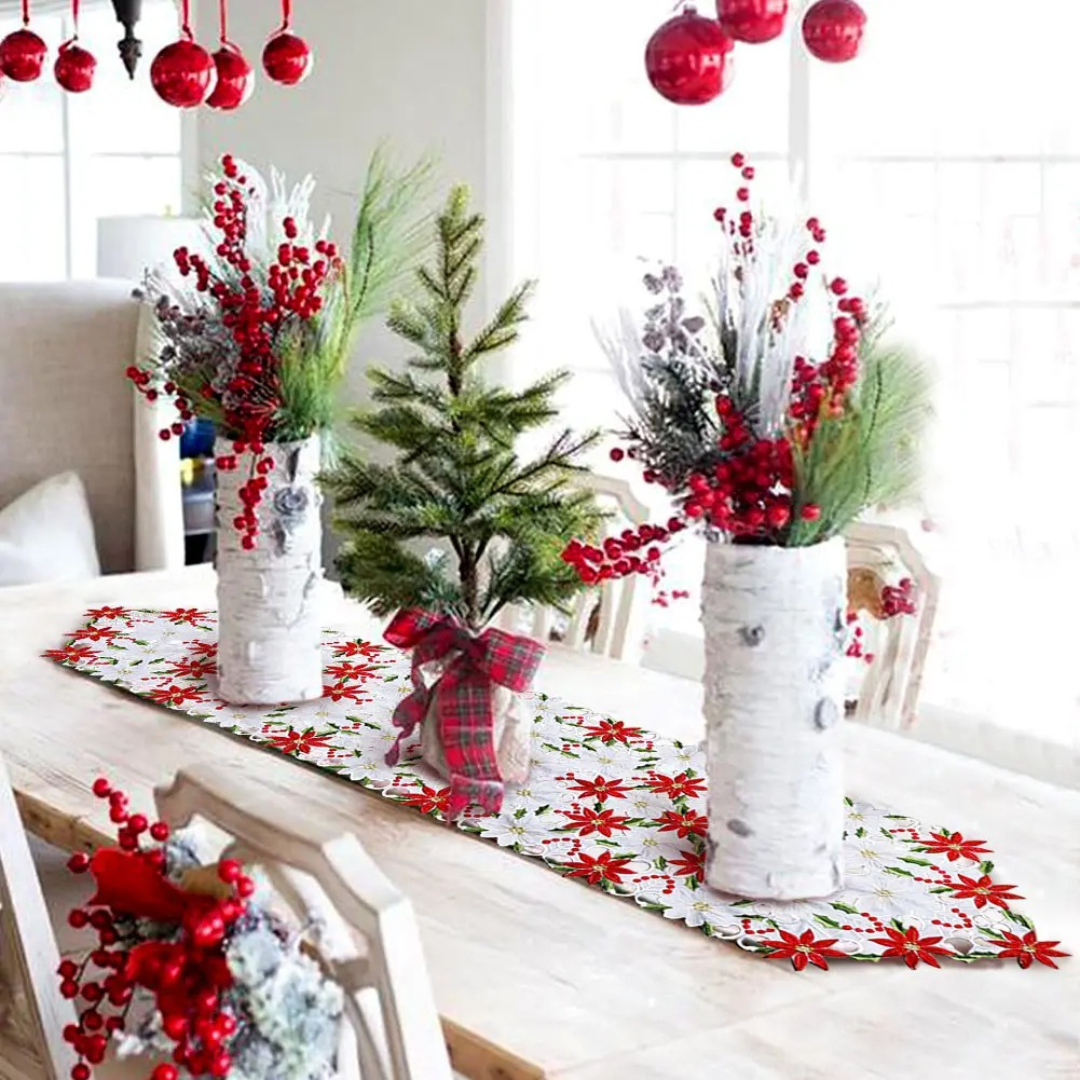 Caminho de Mesa de Natal Bordado Poinsétia