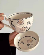 Caneca de Cerâmica com Prato Estilo Retrô 460ml Ideal para Café e Leite
