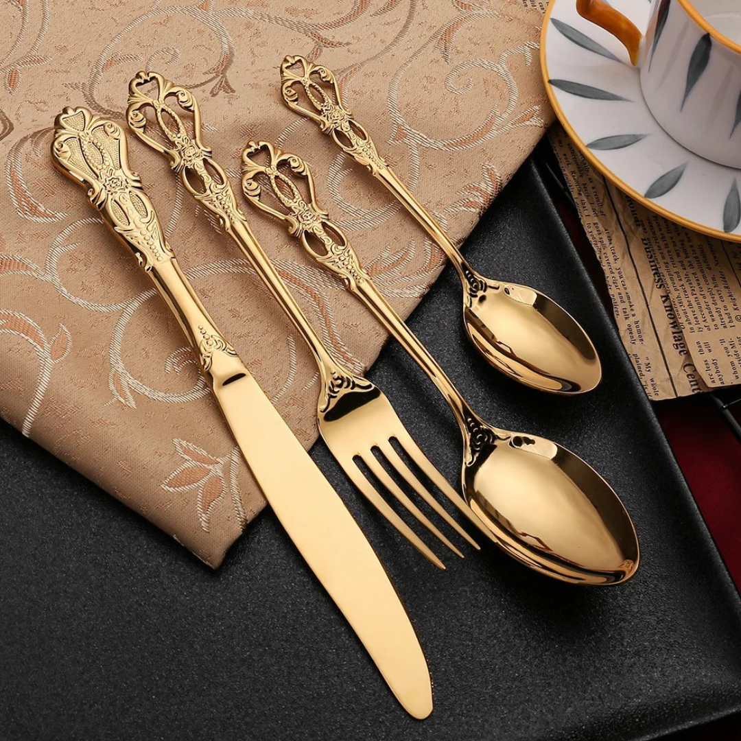 Conjunto de Talheres Luxo Aço Inoxidável 24 Peças Ouro e Prata