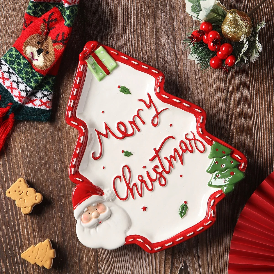Prato de Cerâmica Natalino com Papai Noel Pintado à Mão