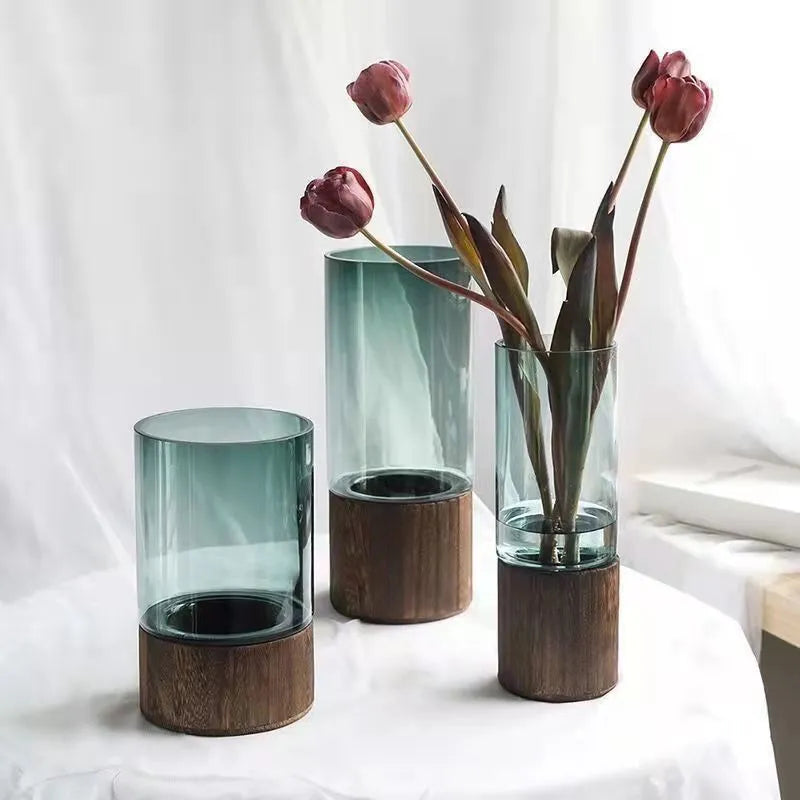Vaso decorativo hidroponico de vidro e madeira - Wood Design